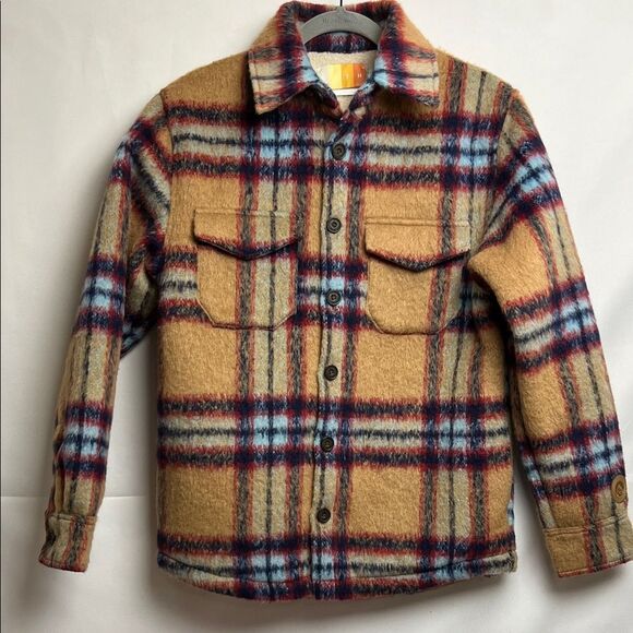 Kith Sheridan shirt Jacket Oxford camel Sherpa lined plaid New with tags size XS